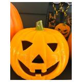 K - Halloween Decor Lot with 3 Light-Up Jack-O-Lanterns and 33 Inch Cat Sign
