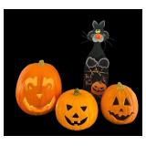 K - Halloween Decor Lot with 3 Light-Up Jack-O-Lanterns and 33 Inch Cat Sign