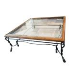 LR - Glass Top Coffee Table with Wood Trim and Twisted Iron Base