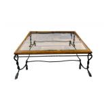 LR - Glass Top Coffee Table with Wood Trim and Twisted Iron Base