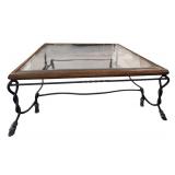 LR - Glass Top Coffee Table with Wood Trim and Twisted Iron Base
