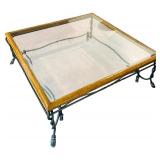 LR - Glass Top Coffee Table with Wood Trim and Twisted Iron Base