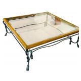 LR - Glass Top Coffee Table with Wood Trim and Twisted Iron Base