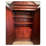 B2 - Large Wooden Armoire with Shelves and Drawers, Ornate Crown Detail