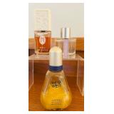 K - Lot of 6 Designer Perfume and Eau de Toilette Bottles - Lalique, Escada, Jessica McClintock, New West, Woven Cassis, Sensual Skinscent