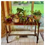 K - Antique Wooden Accent Table with Turned Legs and Variety of Plants!
