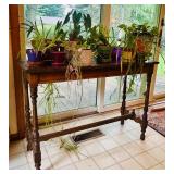 K - Antique Wooden Accent Table with Turned Legs and Variety of Plants!