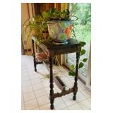K - Antique Wooden Accent Table with Turned Legs and Variety of Plants!
