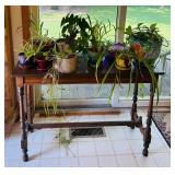 K - Antique Wooden Accent Table with Turned Legs and Variety of Plants!