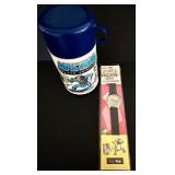 LR - Vintage Masters of the Universe Aladdin Thermos and Itchy & Scratchy Show Watch Set