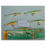 Mixed Lot of 5 - Rapala Jigging Raps and 3 Pack Leaders
