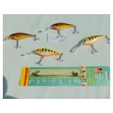 Mixed Lot of 4 - Rapala Flicker Shad Raps and Pack of 3 Leaders