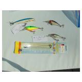 Mixed Lot of 3 - #5 Rapala Shad Raps, 1 - #10 Rapala Long Cast Lure and 1 - 3 Pack Leaders