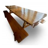 Large Hand Crafted Wood Farmhouse Style Table with Matching Benches