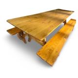 Large Hand Crafted Wood Farmhouse Style Table with Matching Benches