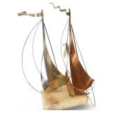 Brass and Copper Sailboat Sculpture on Stone Base Signed By Artist DeMott