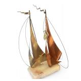 Brass and Copper Sailboat Sculpture on Stone Base Signed By Artist DeMott