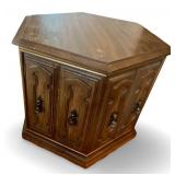 Vintage Hexagonal Wooden End Table with Ornate Panels