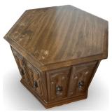 Vintage Hexagonal Wooden End Table with Ornate Panels