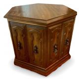 Vintage Hexagonal Wooden End Table with Ornate Panels