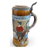 J.W. Remy German Lidded Beer Stein with Tavern Scene