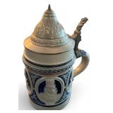 German Stoneware Beer Stein with Pewter Lid and Ornate Relief Design