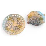 Hand-Painted Porcelain Piggy Bank and Heart-Edge Floral Plate Set