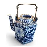 Blue & White Porcelain Hexagonal Teapot with Metal Handle