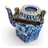 Blue & White Porcelain Hexagonal Teapot with Metal Handle