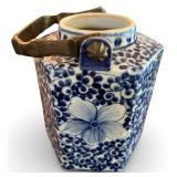 Blue & White Porcelain Hexagonal Teapot with Metal Handle