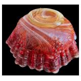 Vintage Imperial Glass Red Satin Slag Ruffled Bowl with Grape Pattern