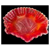 Vintage Imperial Glass Red Satin Slag Ruffled Bowl with Grape Pattern