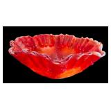 Vintage Imperial Glass Red Satin Slag Ruffled Bowl with Grape Pattern