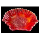Vintage Imperial Glass Red Satin Slag Ruffled Bowl with Grape Pattern