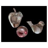 Set of 3 Clear Art Glass Paperweights Apple, Bird and Swirl Sphere