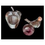 Set of 3 Clear Art Glass Paperweights Apple, Bird and Swirl Sphere