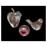 Set of 3 Clear Art Glass Paperweights Apple, Bird and Swirl Sphere