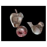 Set of 3 Clear Art Glass Paperweights Apple, Bird and Swirl Sphere