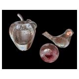 Set of 3 Clear Art Glass Paperweights Apple, Bird and Swirl Sphere
