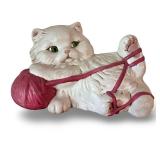 Vintage Ceramic Cat Figurine with Pink Yarn Ball