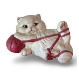 Vintage Ceramic Cat Figurine with Pink Yarn Ball