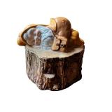 Vintage Ceramic Cookie Jar with Sleeping Gnome on Tree Stump