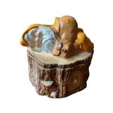 Vintage Ceramic Cookie Jar with Sleeping Gnome on Tree Stump