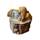 Vintage Ceramic Cookie Jar with Sleeping Gnome on Tree Stump