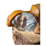 Vintage Ceramic Cookie Jar with Sleeping Gnome on Tree Stump