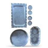 Vintage Hand-Etched Aluminum Serving Trays and Coasters Set
