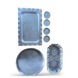 Vintage Hand-Etched Aluminum Serving Trays and Coasters Set