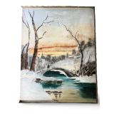 Vintage Framed Winter Landscape Painting with Bridge