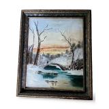 Vintage Framed Winter Landscape Painting with Bridge