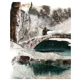 Vintage Framed Winter Landscape Painting with Bridge